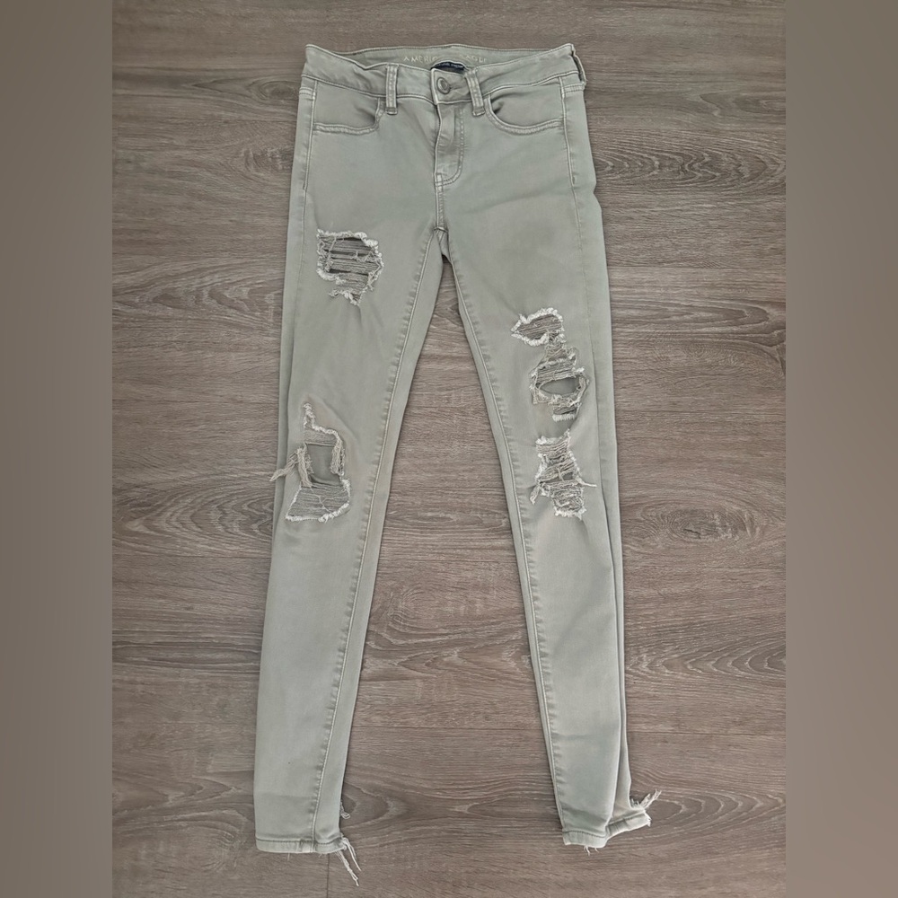 Army Green American Eagle Distressed Jegging Jeans Sz 4R
